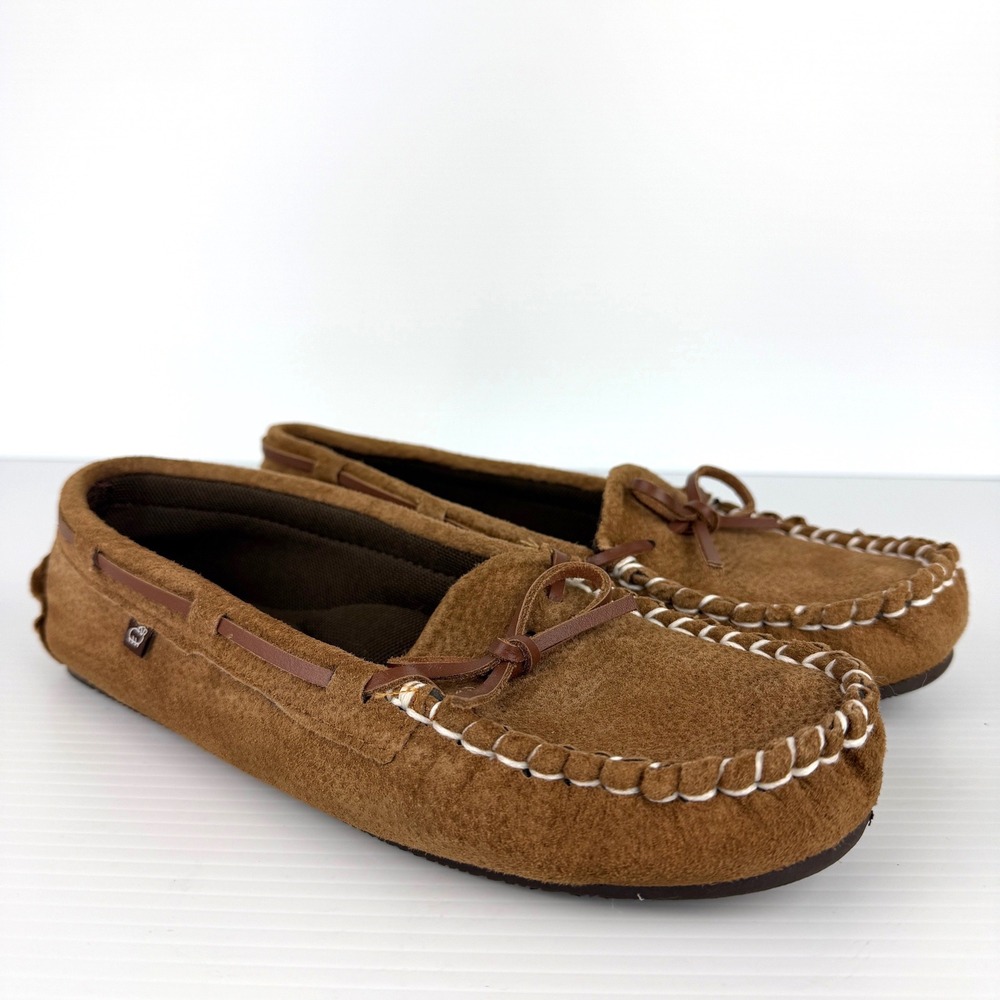 Lamo Womens Moccasin Slippers Chestnut Brown Suede Whipstitch Size 9.5 Comfort - Picture 2 of 13